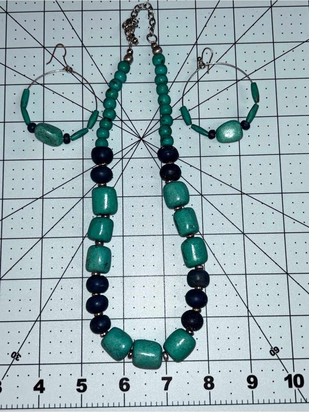 Turquoise & Navy Beaded Necklace and Hoop Earrings Set